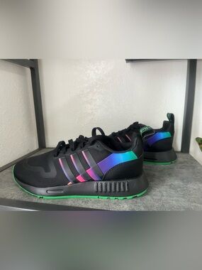 adidas Men's Black Sneakers with Green Outsole and Iridescent Stripes